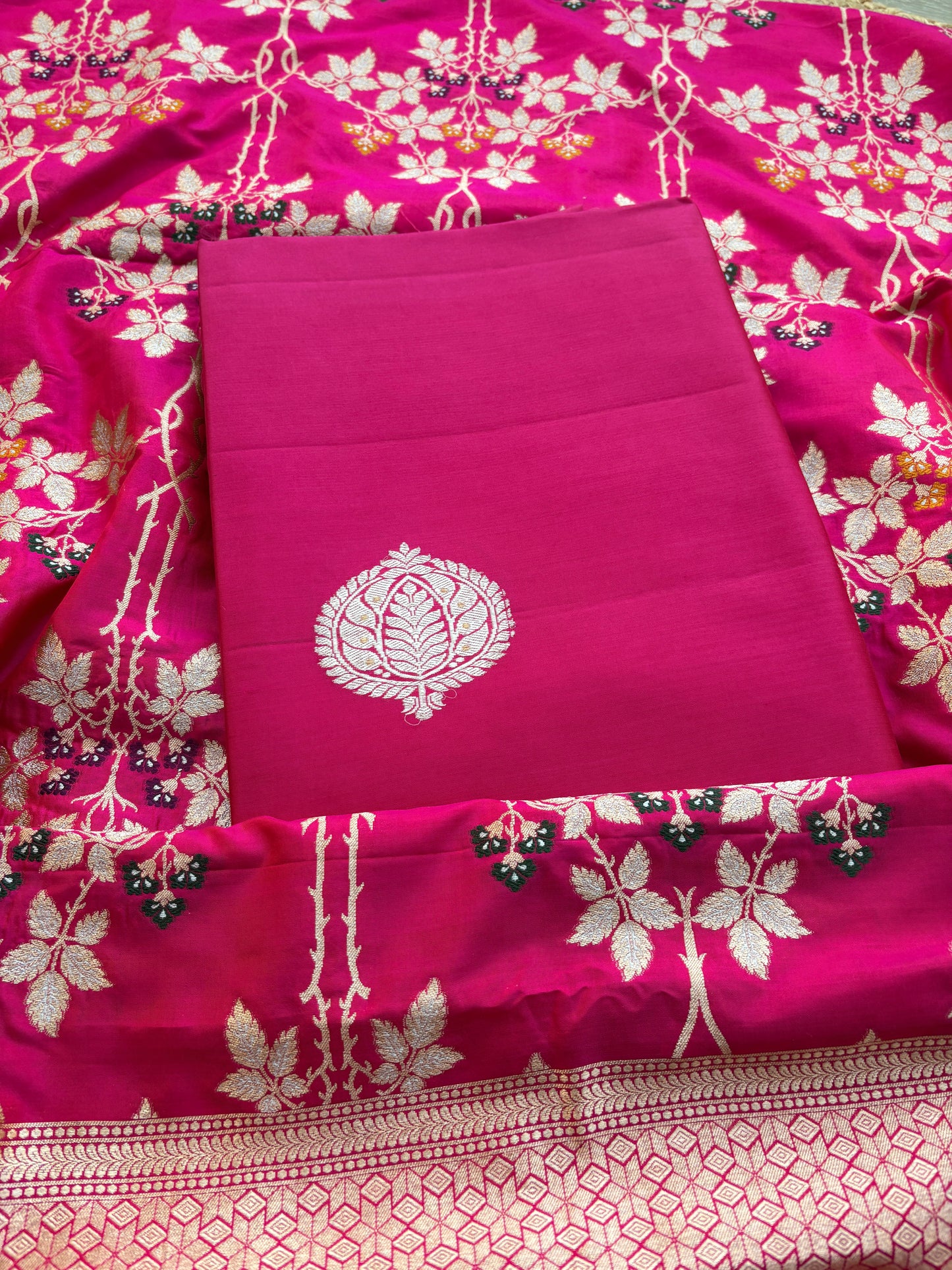 Pink katan silk suit with jaal dupatta suit set