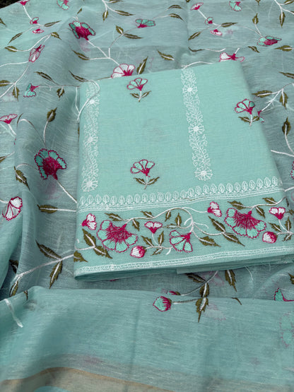 Blue linen cotton embroidered 3 piece suit set