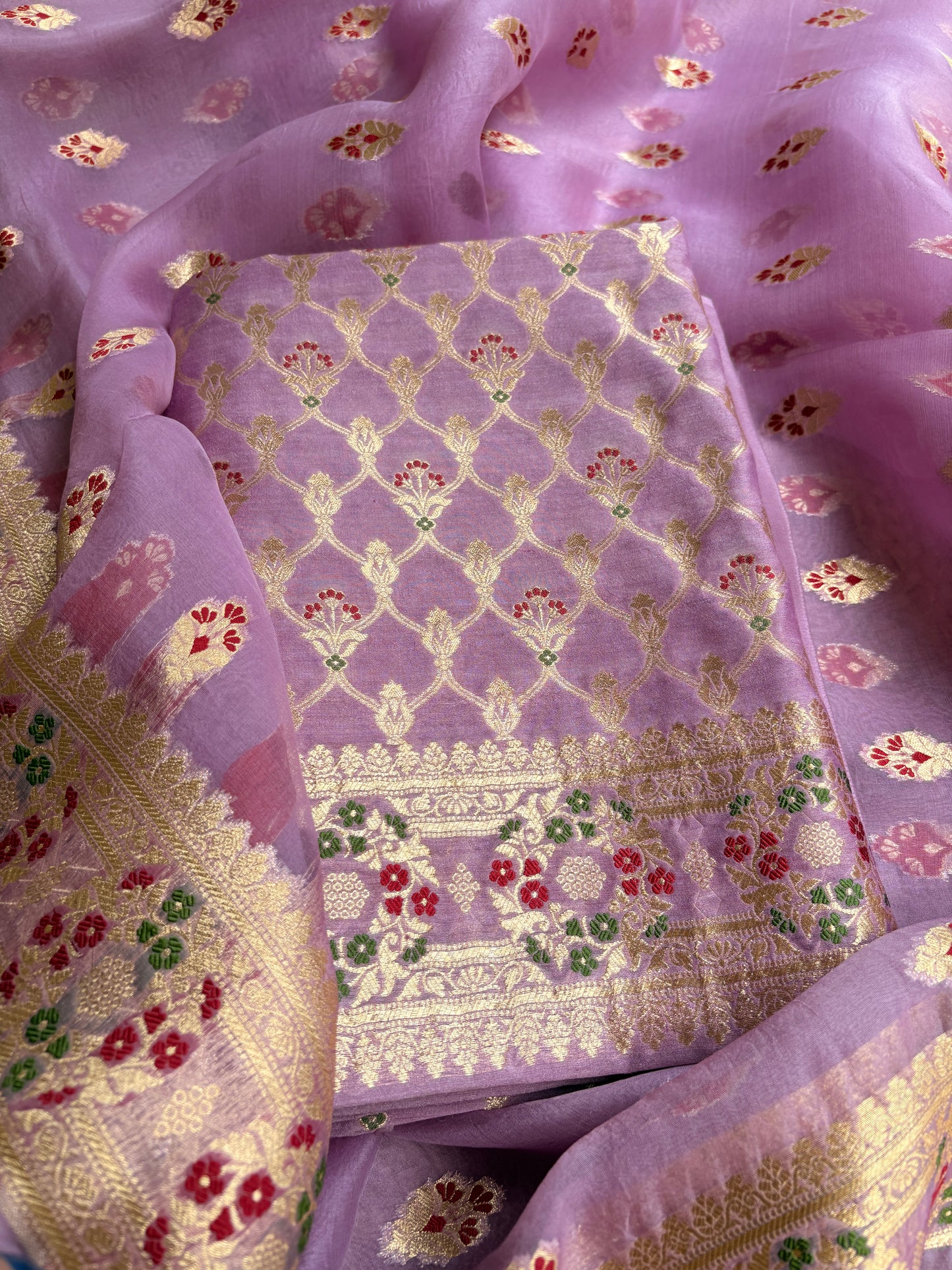 Lavender moonga silk kadhwa Kurta, kora silk dupatta, plain crepe bottom