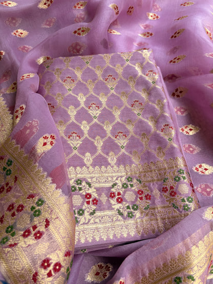 Lavender moonga silk kadhwa Kurta, kora silk dupatta, plain crepe bottom