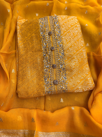 Yellow silk hand embroidered suit set.