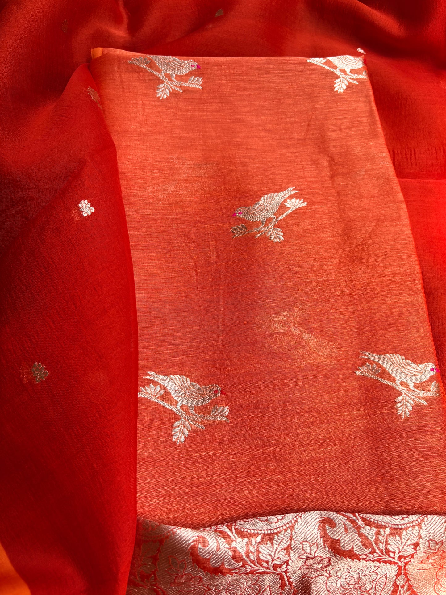 Orange linen silk kurta, bottom , kora silk dupatta