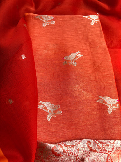 Orange linen silk kurta, bottom , kora silk dupatta