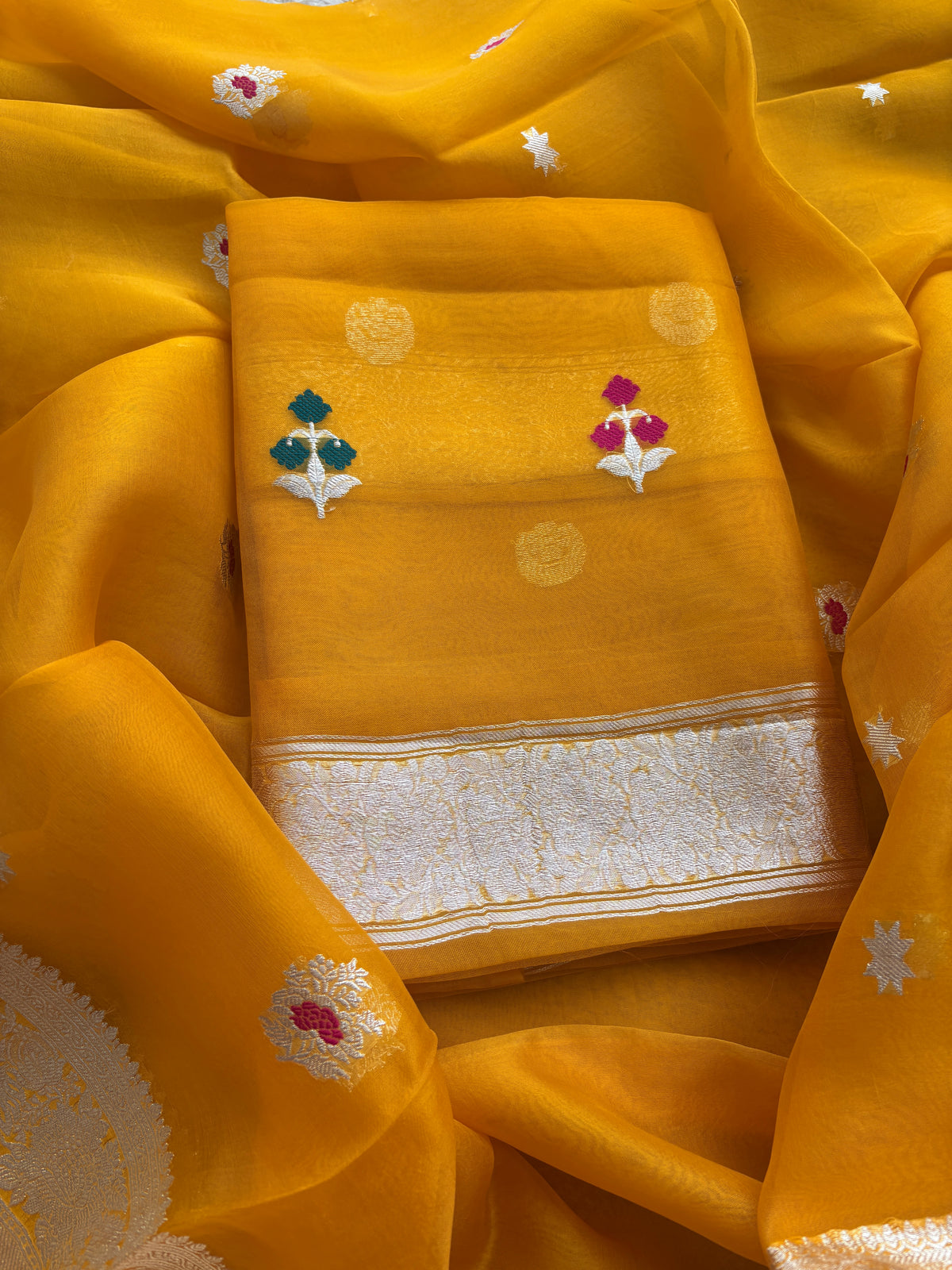 Yellow Kora silk meenadar silver zari suit set