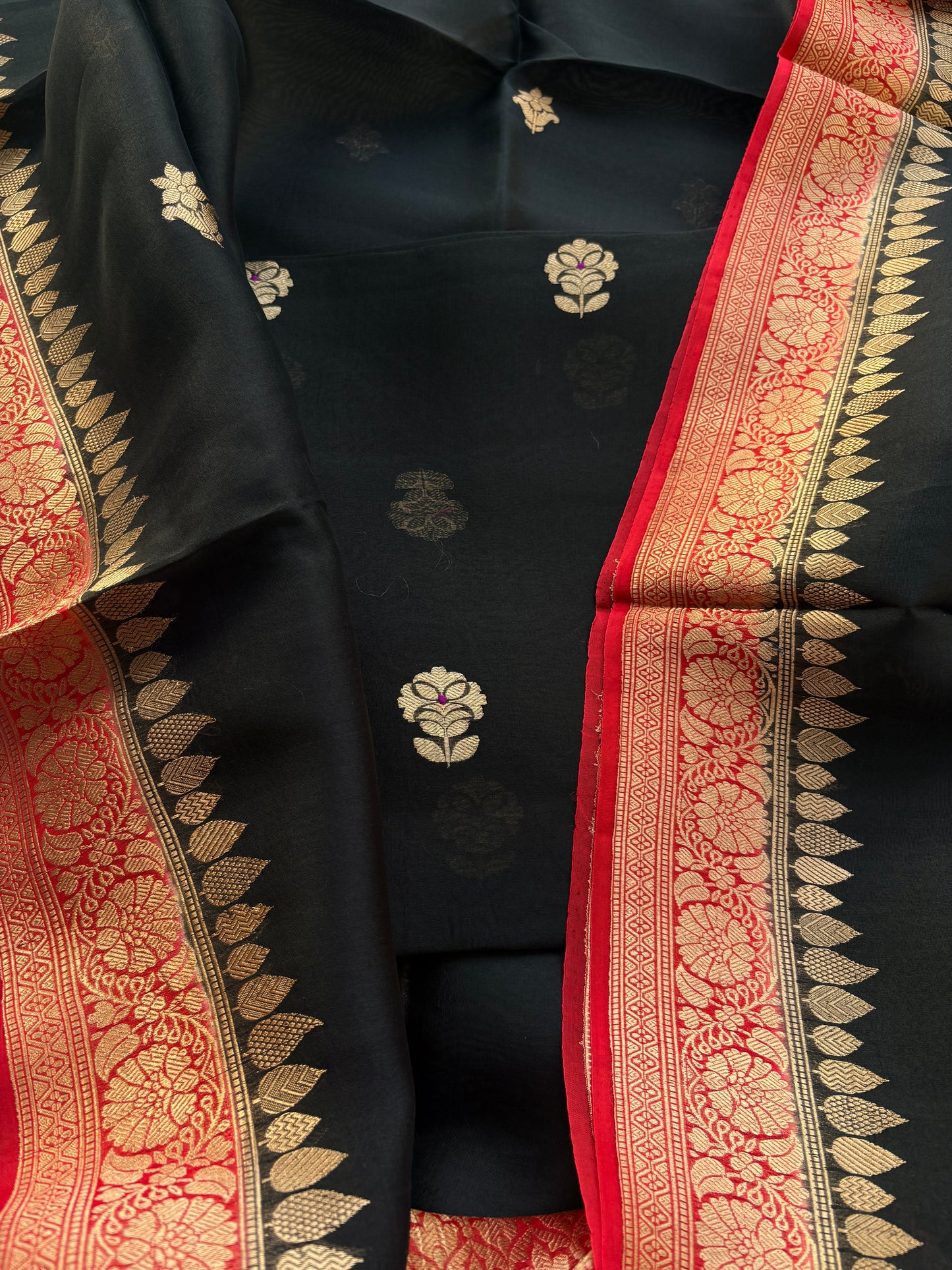 Black Kora silk with red shaded dupatta