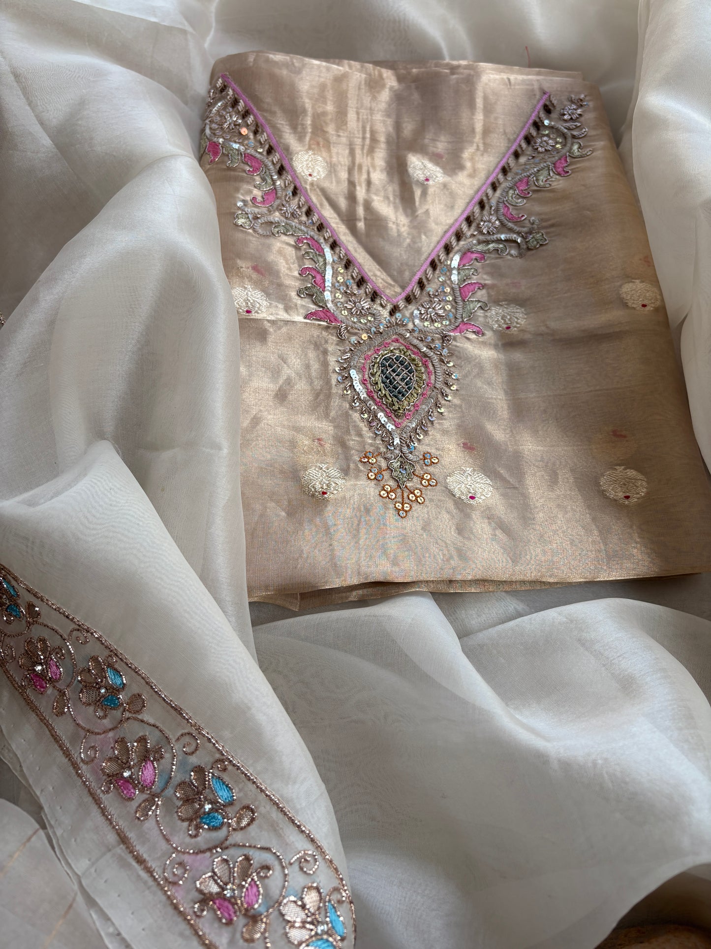 Tissue hand embroidered suit with kora embroidered dupatta
