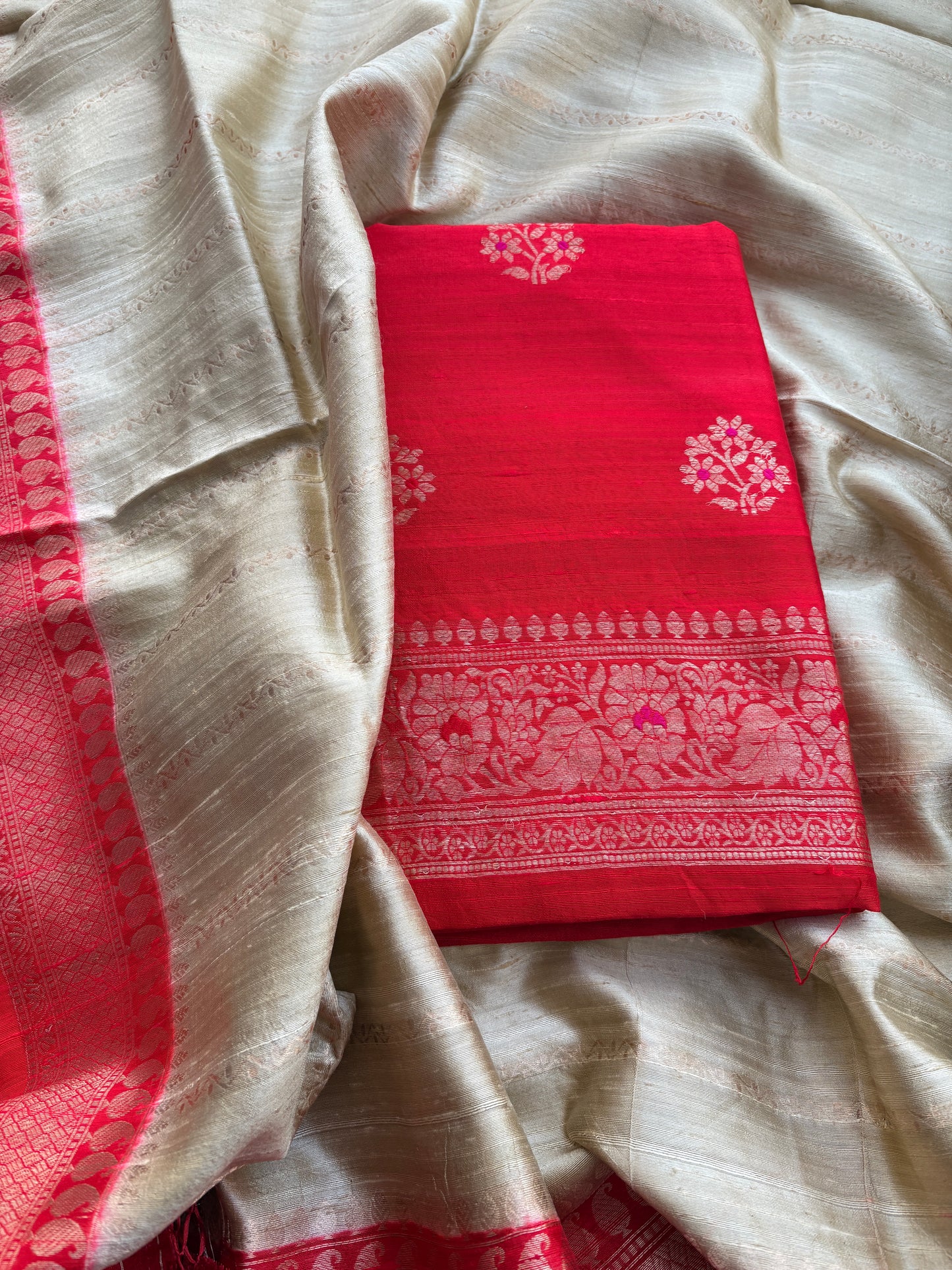 Red raw silk suit with chap dyed raw silk dupatta