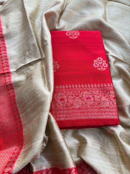 Red raw silk suit with chap dyed raw silk dupatta
