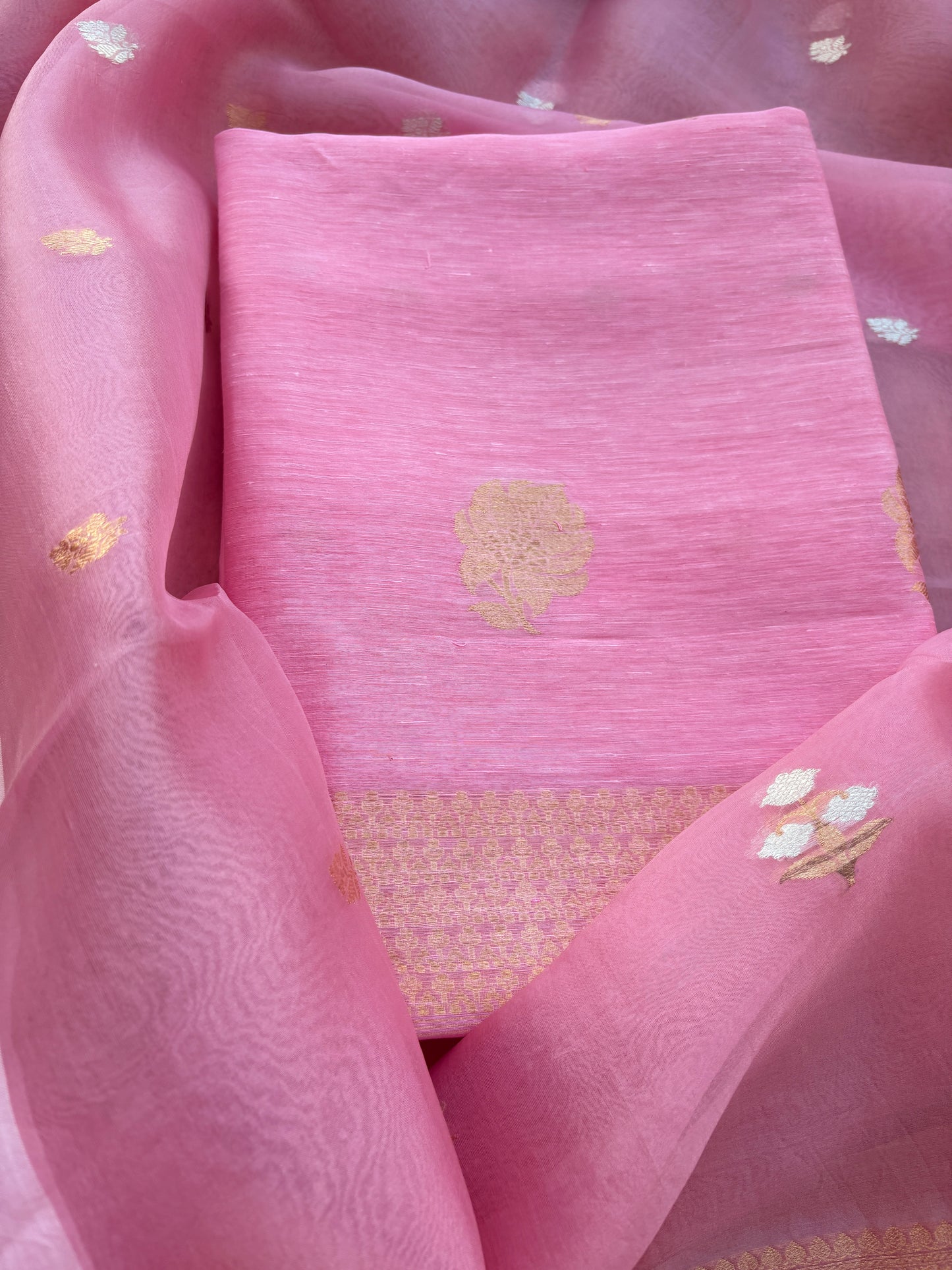 Pink linen silk with kora dupatta suit set