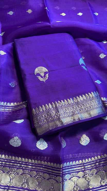 Purple pure chiniya silk kurta, kora silk dupatta, katan silk bottom