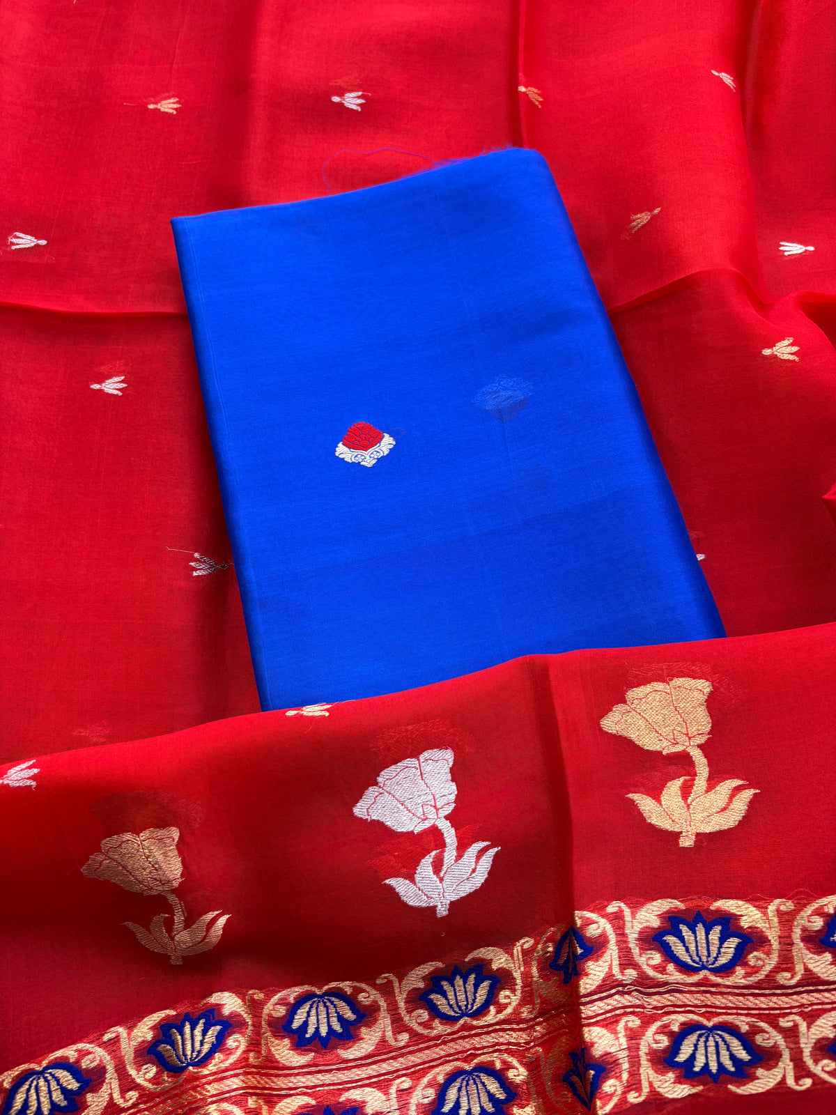Blue kora suit with red kora silk dupatta