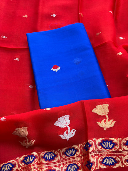 Blue kora suit with red kora silk dupatta