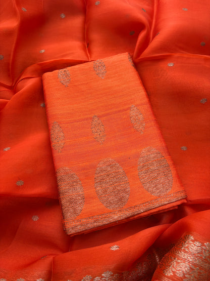 Orange raw silk suit set with Kora silk dupatta