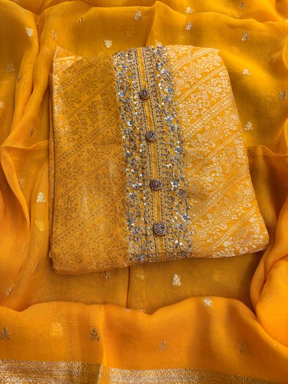 Yellow silk hand embroidered suit set.
