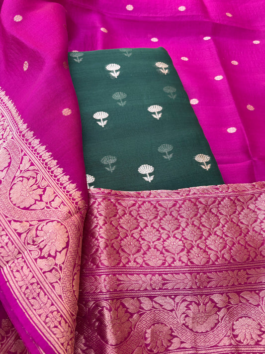 Green kora kadhwa kurta, magenta dupatta, silk bottom