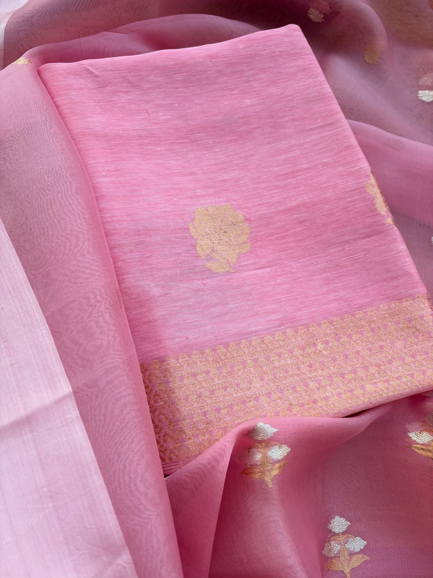 Pink linen silk with kora dupatta suit set