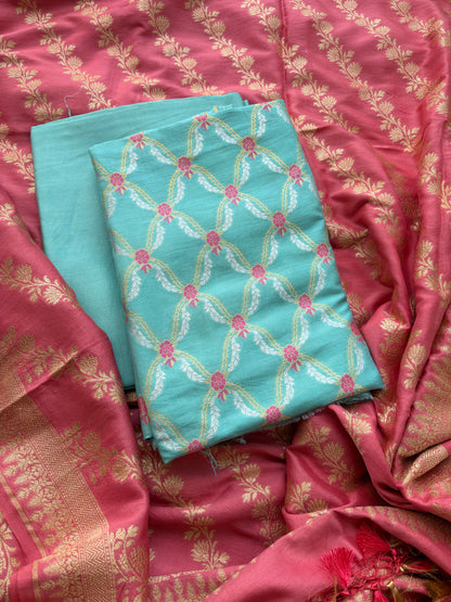 Blue and peach Chiniya silk suit set