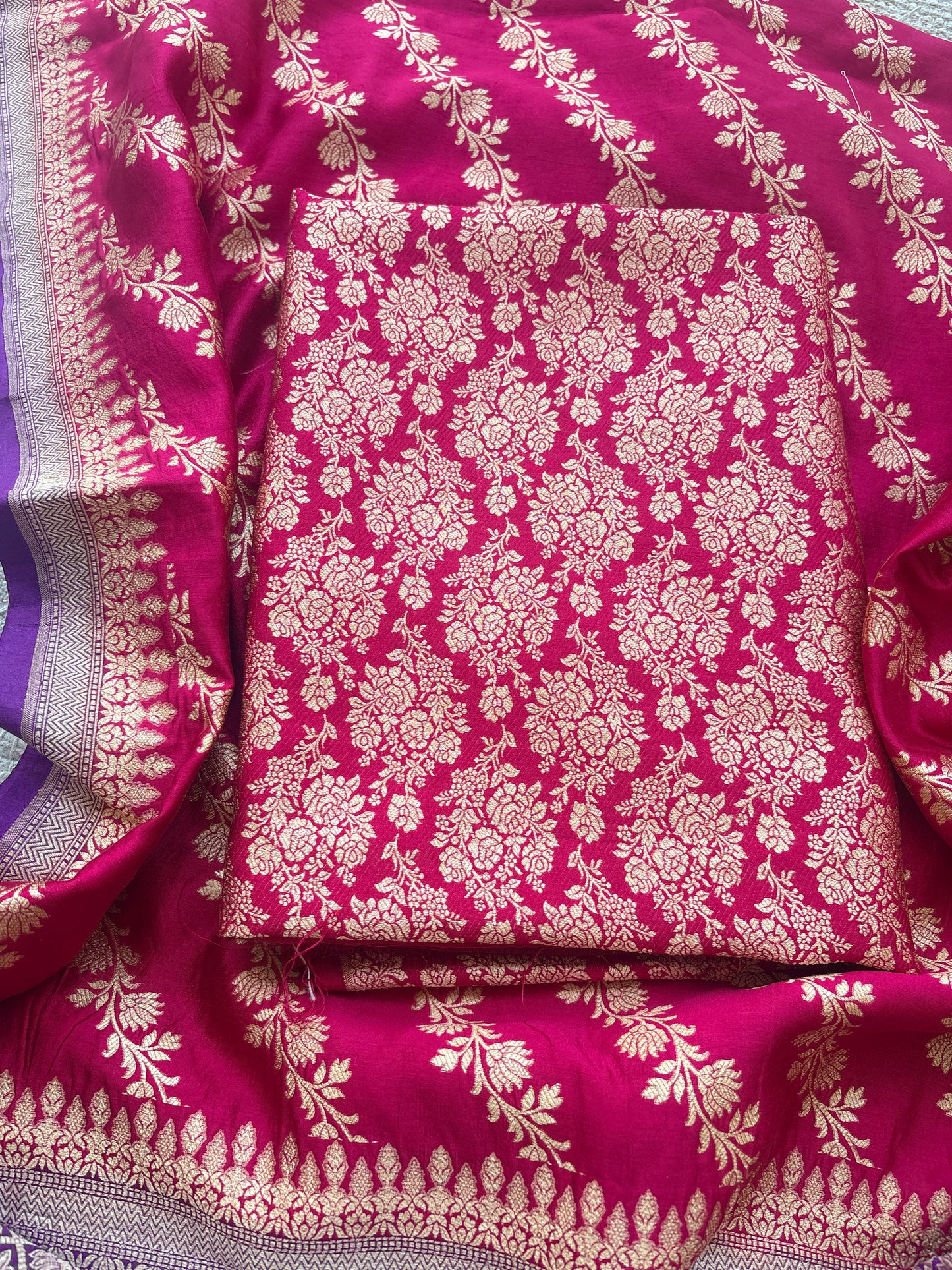 Red moonga silk suit with purple chap dye dupatta