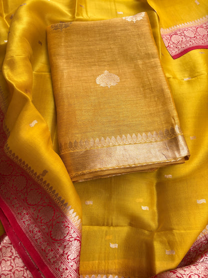 Yellow linen silk kurta, bottom, shaded kora dupatta