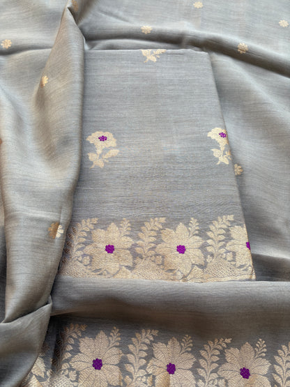 Grey moonga silk kadhwa suit set