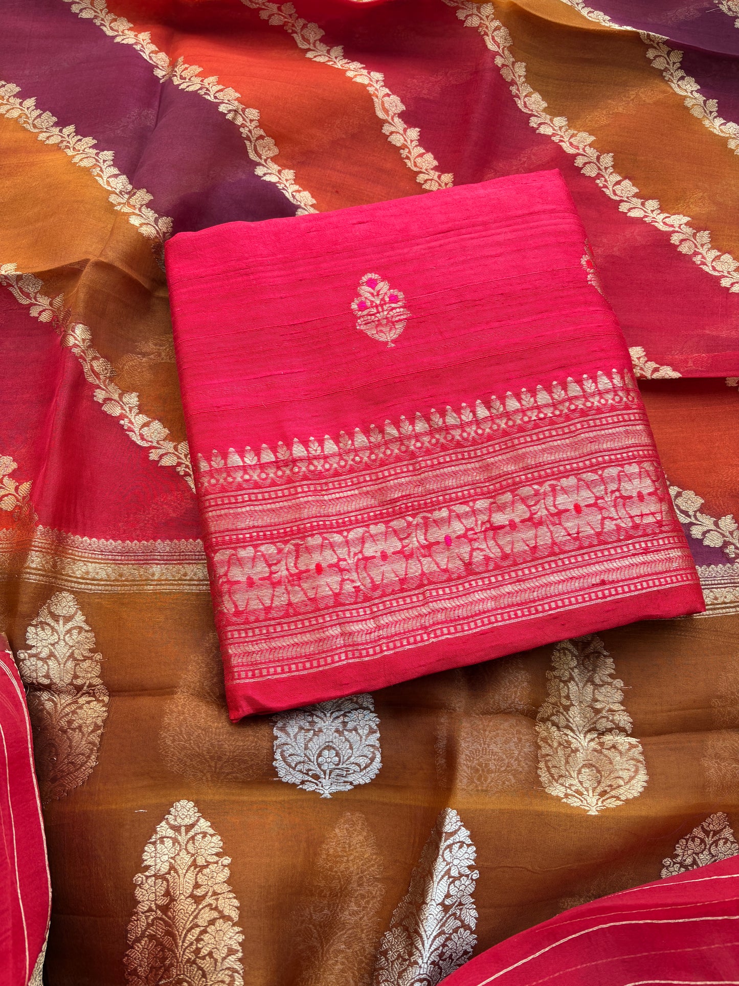 Red raw silk suit set with kora rangkat dupatta