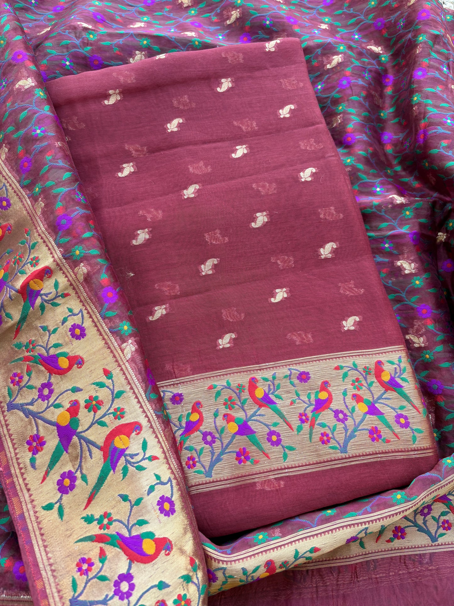 Rust kora silk paithani suit set