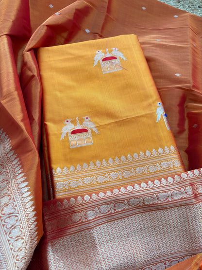 Yellow katan by katan silk with tissue kadhwa dupatta