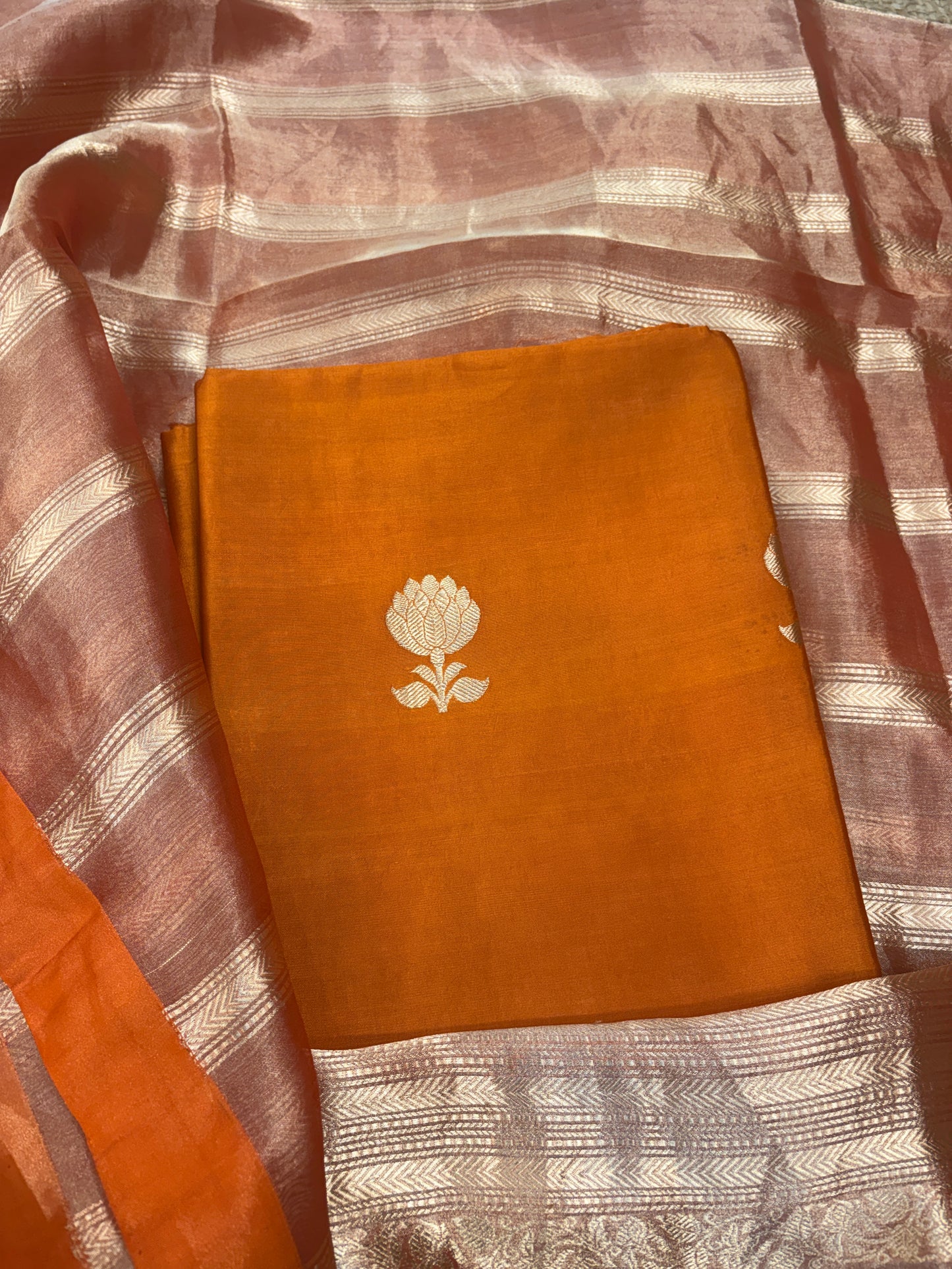 Orange Chiniya silk suit with tissue dupatta