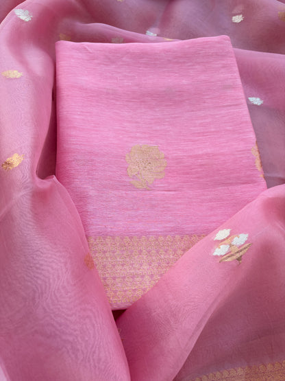 Pink linen silk with kora dupatta suit set