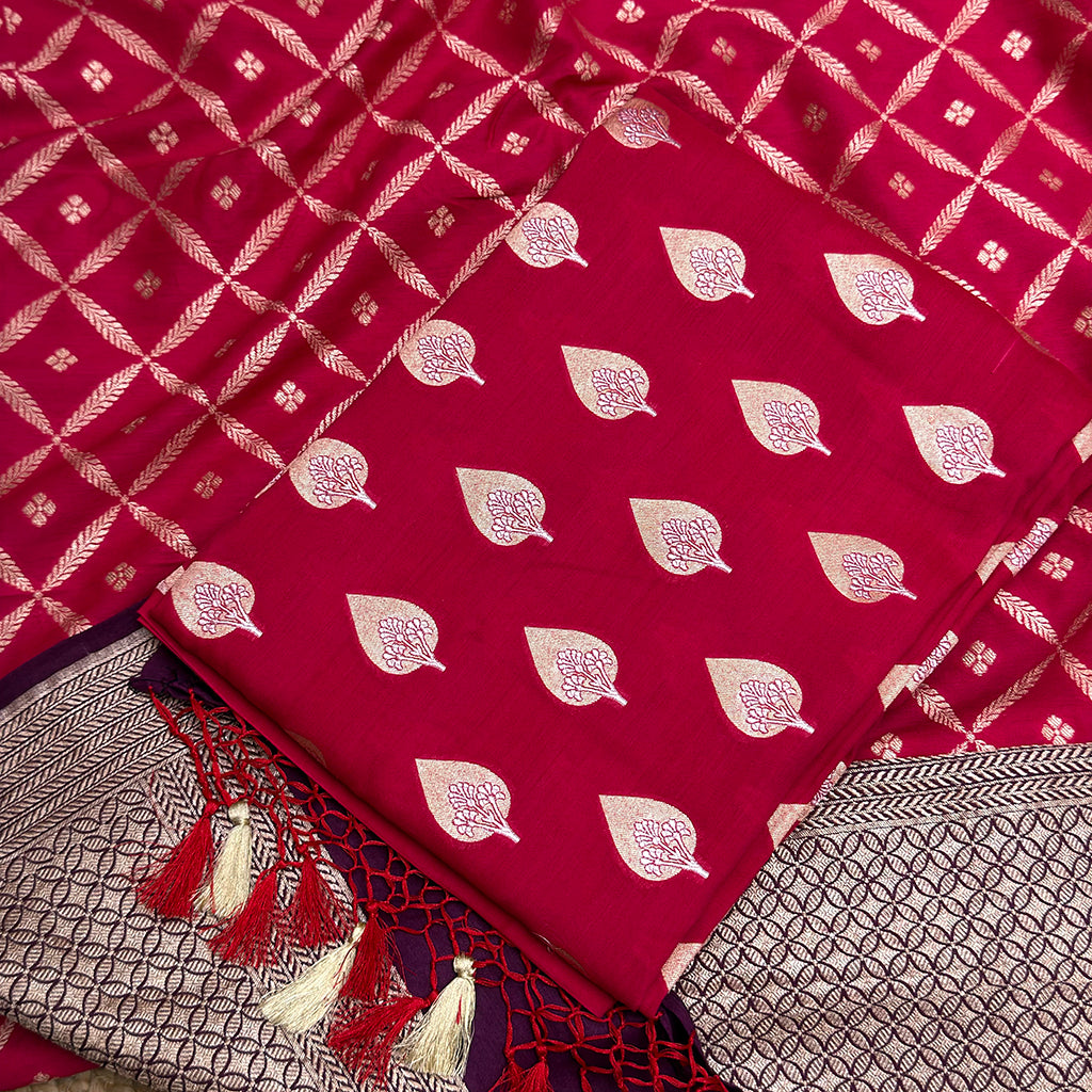 Pink red moonga silk suit set