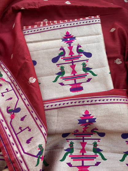 Rust red paithani moonga silk suit set