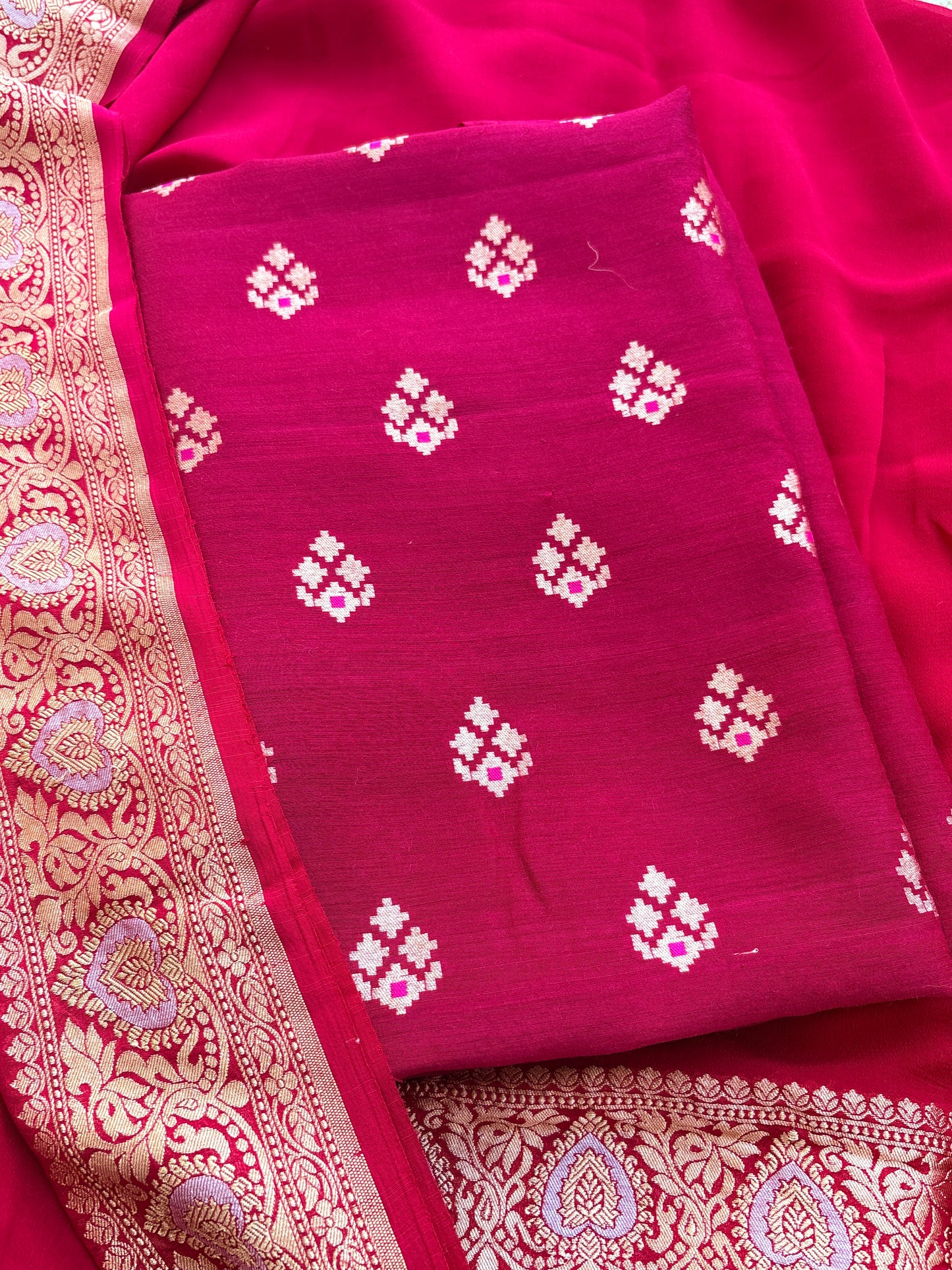 Pink moonga silk suit with Khaddi georgette kadhwa dupatta