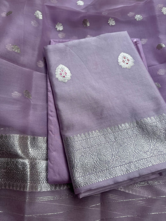 Lavender silver zari chiniya silk kurta, kora silk dupatta, plain bottom