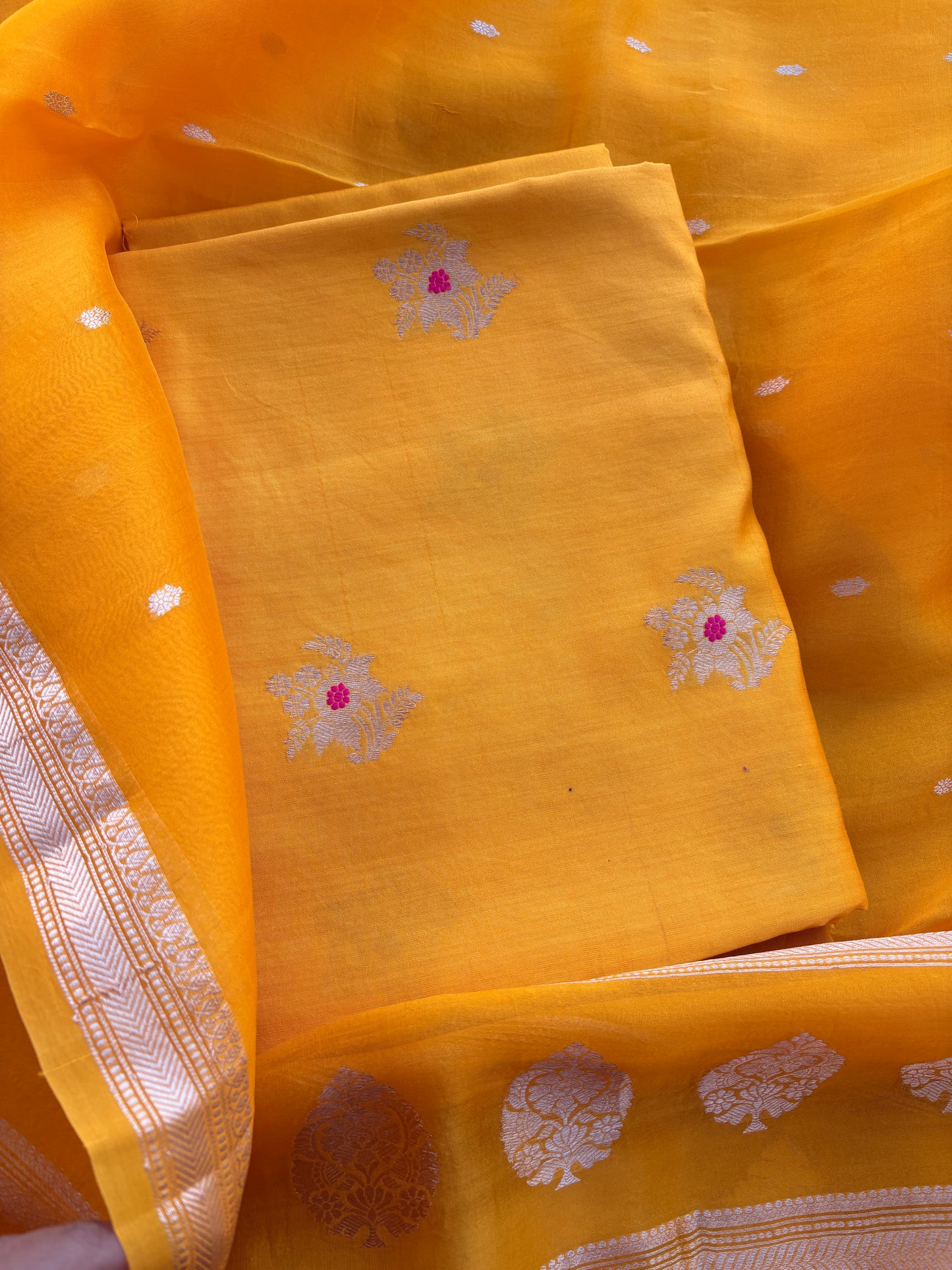 Yellow Chiniya silk meenadar kadhwa suit set
