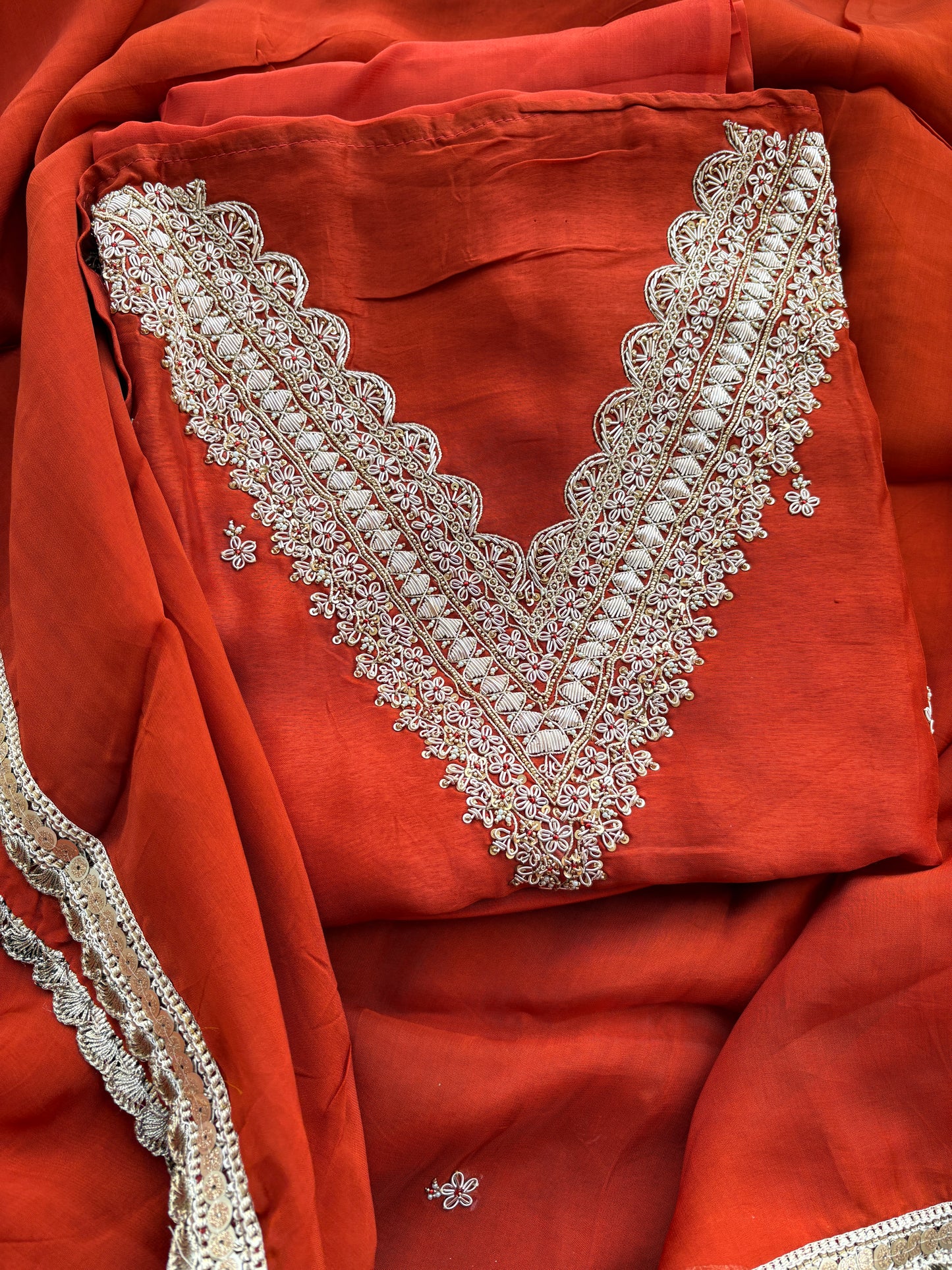 Rust crepe hand embroidery suit set