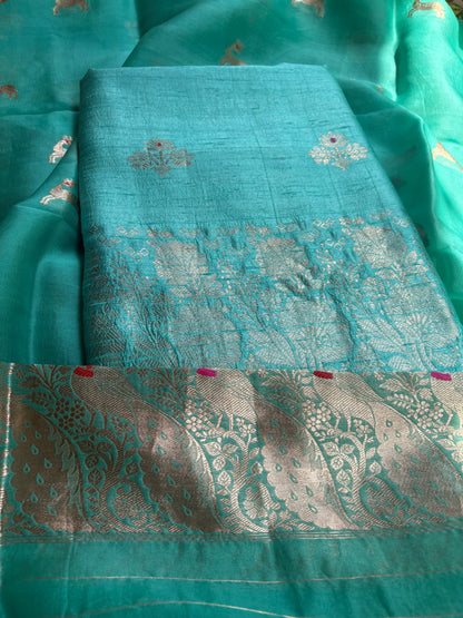 Blue raw silk Kurta, bottom , Kora silk deer motif dupatta