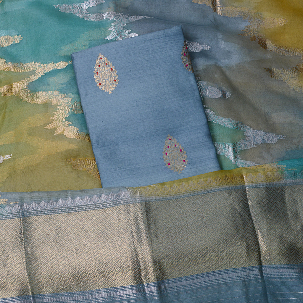 Blue Chiniya silk with rangkata kora dupatta