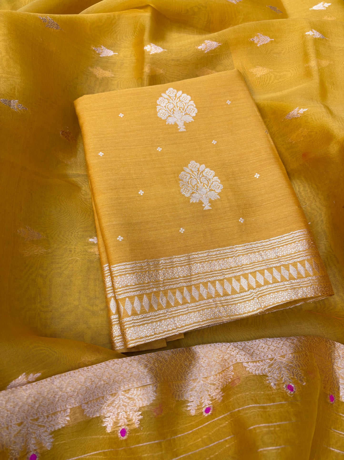 Mustard Chiniya silk kurta, bottom and kora silk dupatta