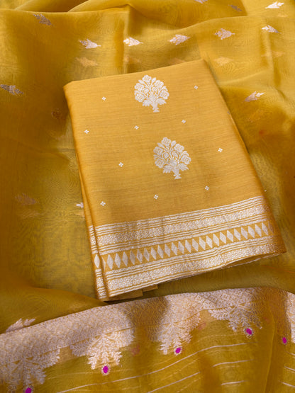 Mustard Chiniya silk kurta, bottom and kora silk dupatta