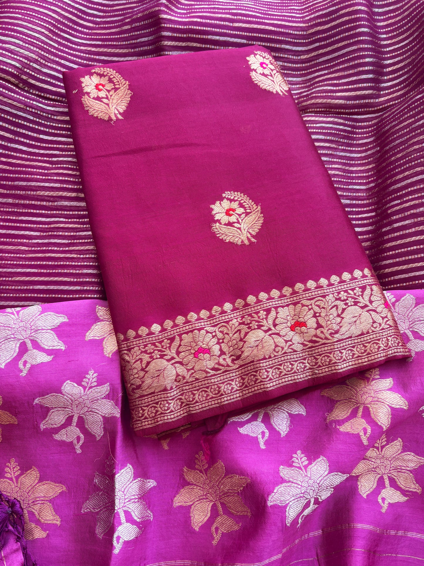 Wine Chiniya silk with stripes Sona rupa dupatta