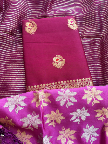 Wine Chiniya silk with stripes Sona rupa dupatta