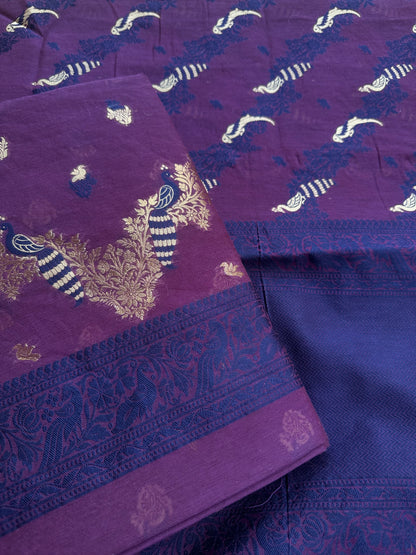 Purple chanderi zari weaving peacock design suit set