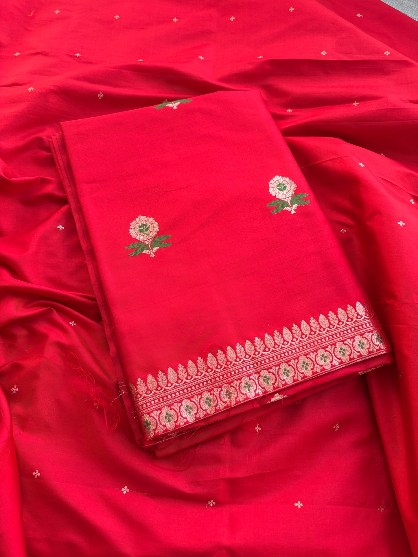 Red katan by katan silk kadhwa suit set