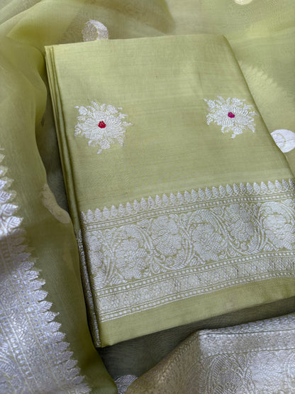 Green Chiniya silk silver zari 3 piece suit set