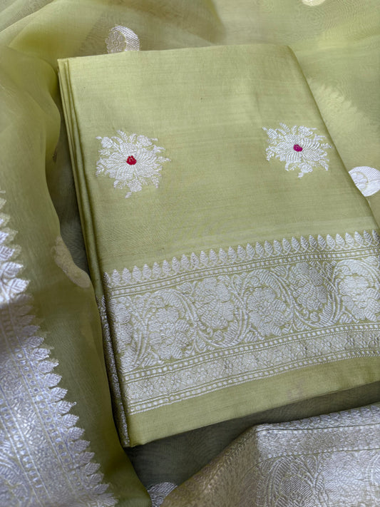 Green Chiniya silk silver zari 3 piece suit set
