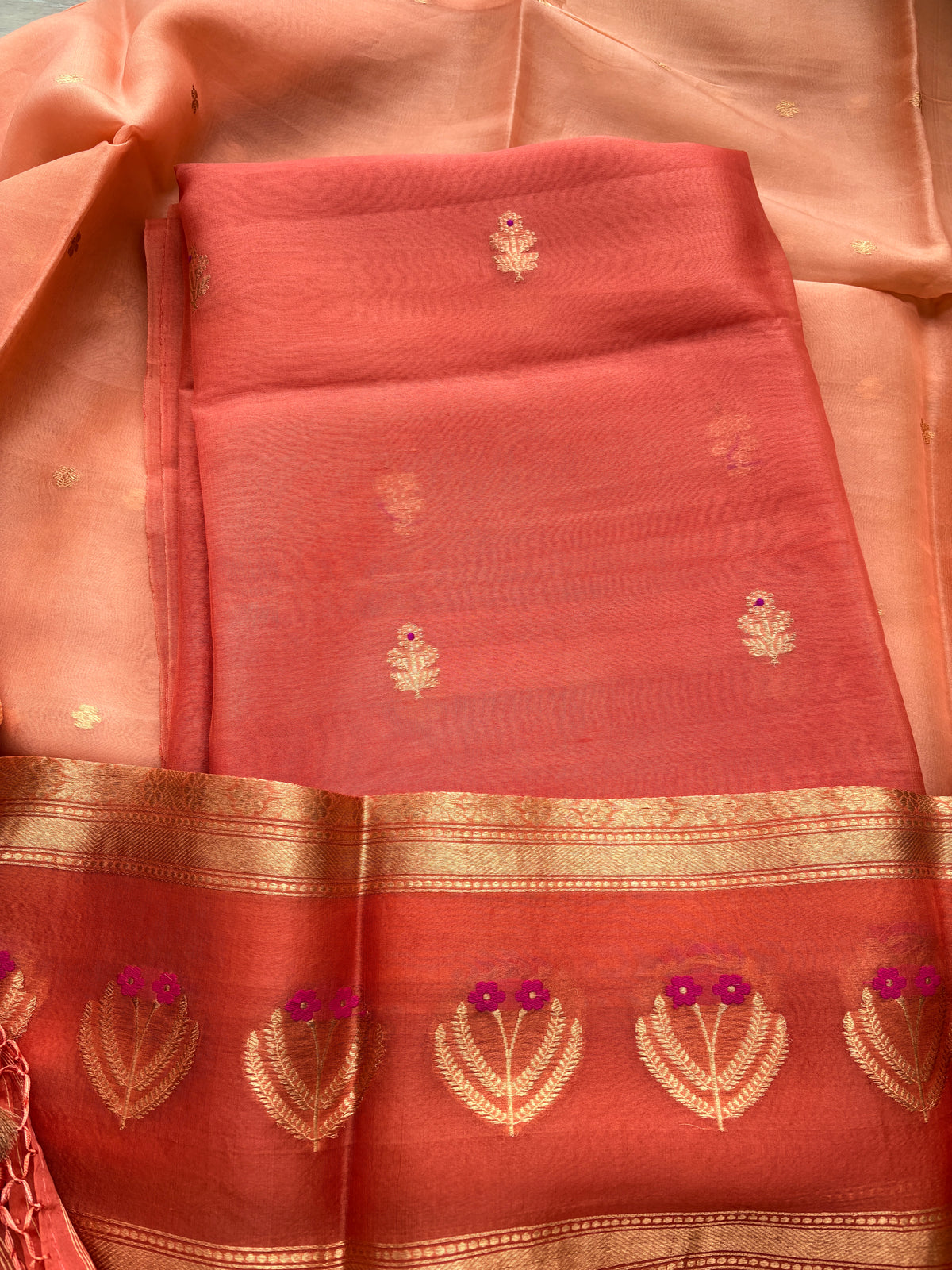 Peach orange kora silk suit set with shaded dupatta