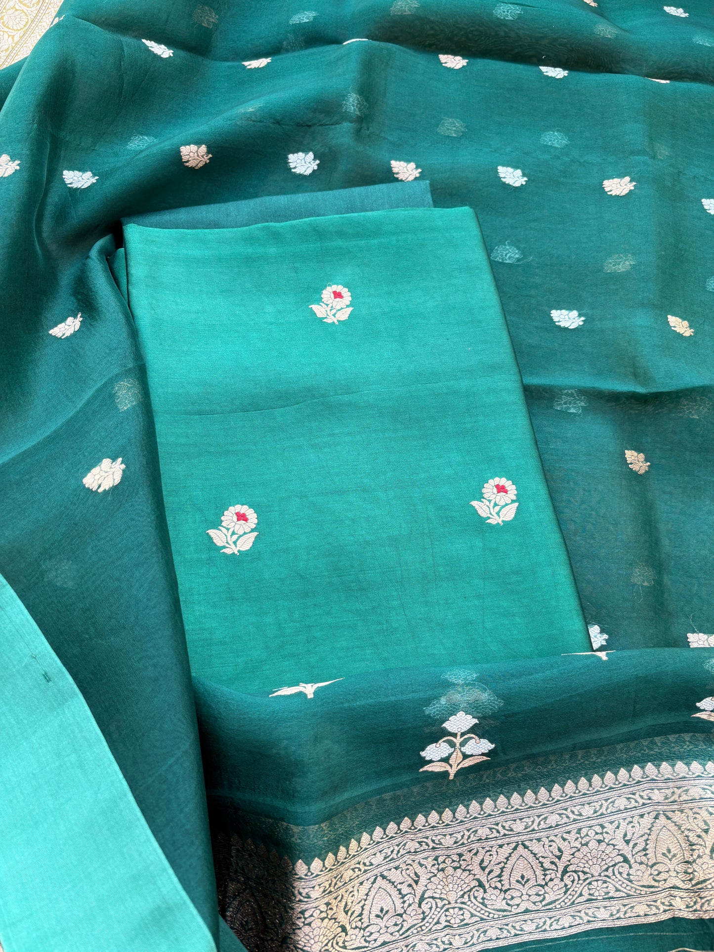 Green Chiniya silk kora dupatta suit set