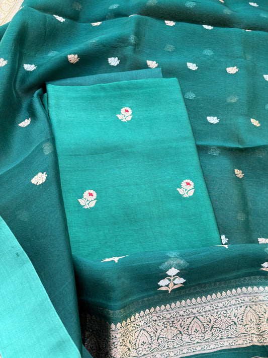Green Chiniya silk kora dupatta suit set
