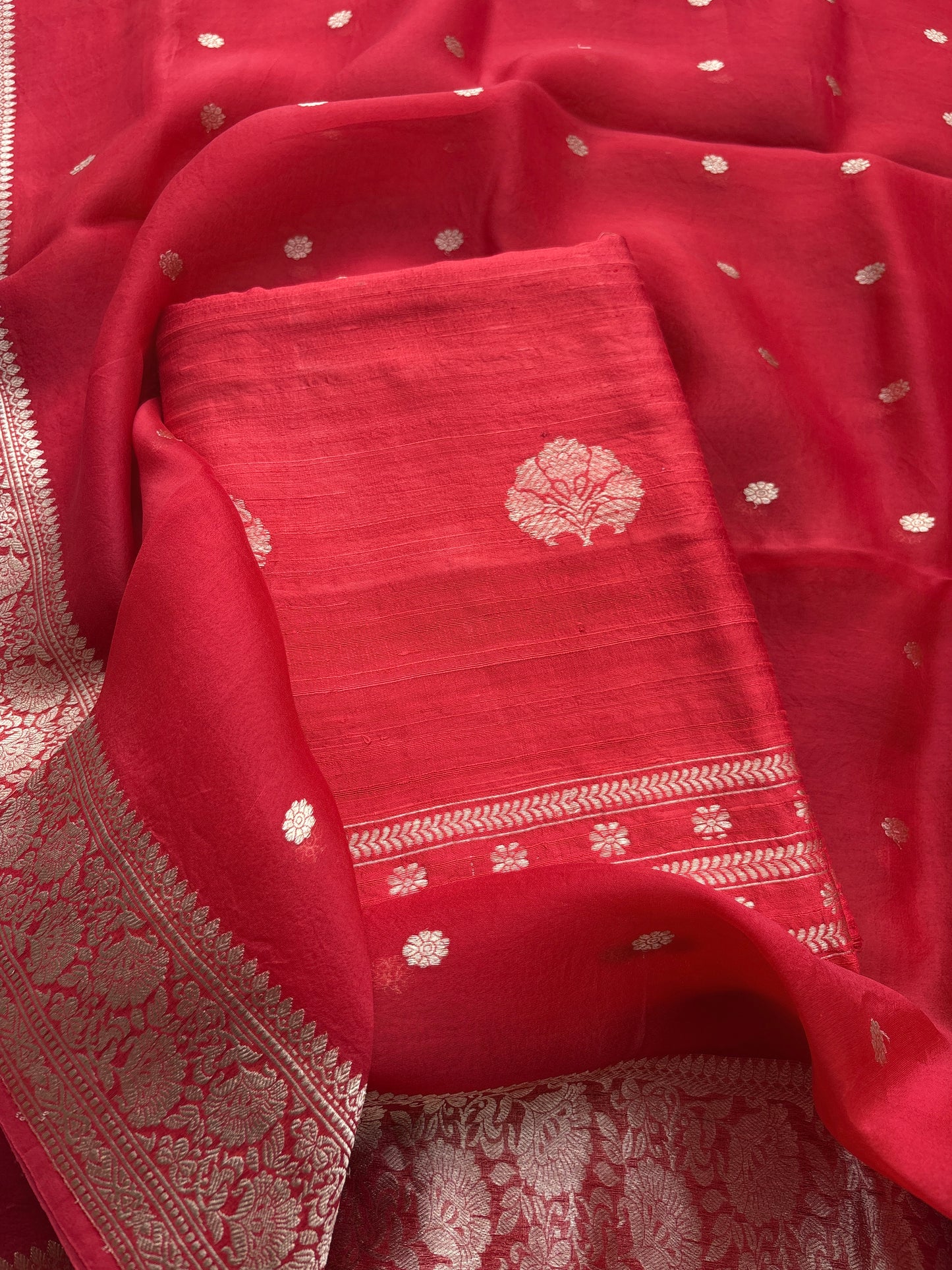 Red raw silk kadhwa suit set