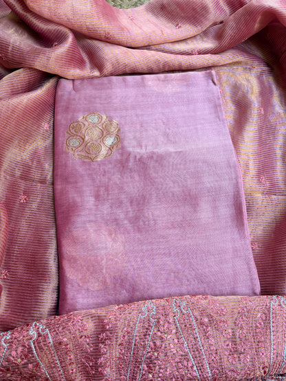 Pink handloom silk kadhwa kurta, bottom, tissue kadhwa dupatta